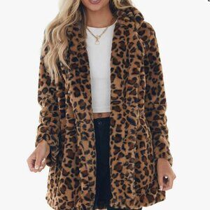 Faux Fur Jacket Winter Leopard Coat with Pockets L Brown